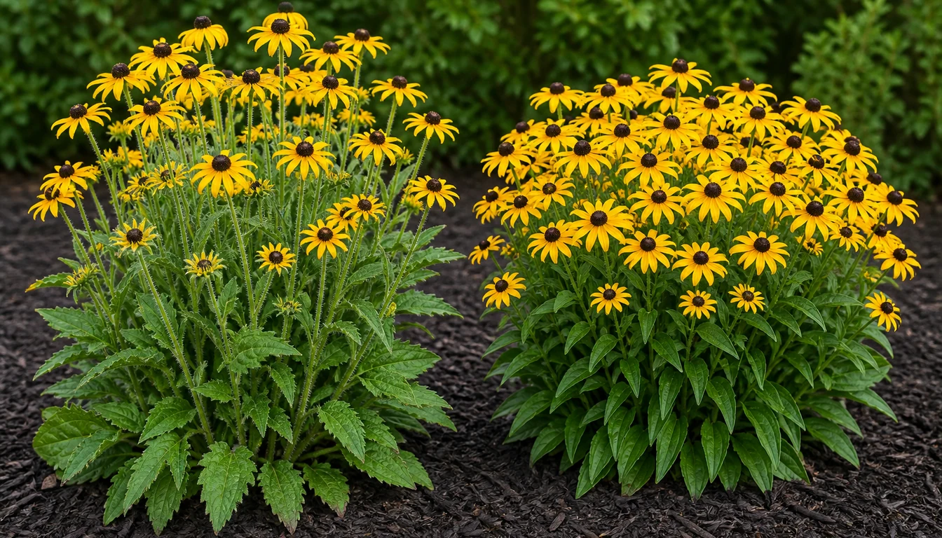 A hairy, bristly-leaved Rudbeckia hirta plant in flower beside a smoother, darker-leaved Rudbeckia fulgida Goldsturm plant showing its neater habit