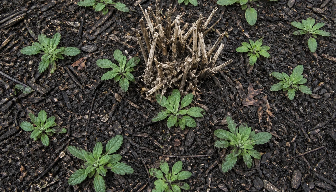 A parent black-eyed susan clump with small first-year seedling rosettes emerging in the soil and mulch around its base