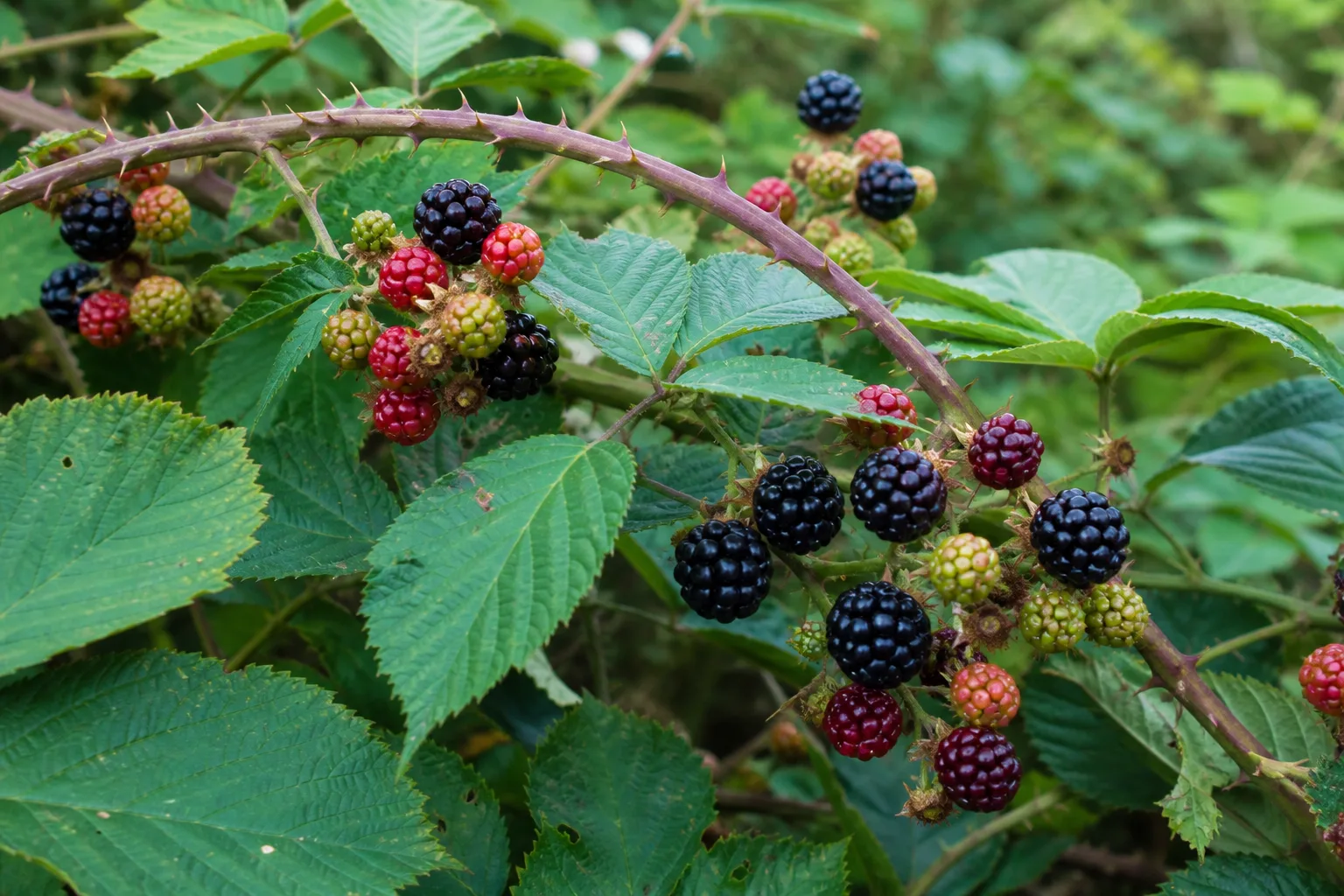 Arching blackberry cane with visible prickles and clusters of green, red and black fruit