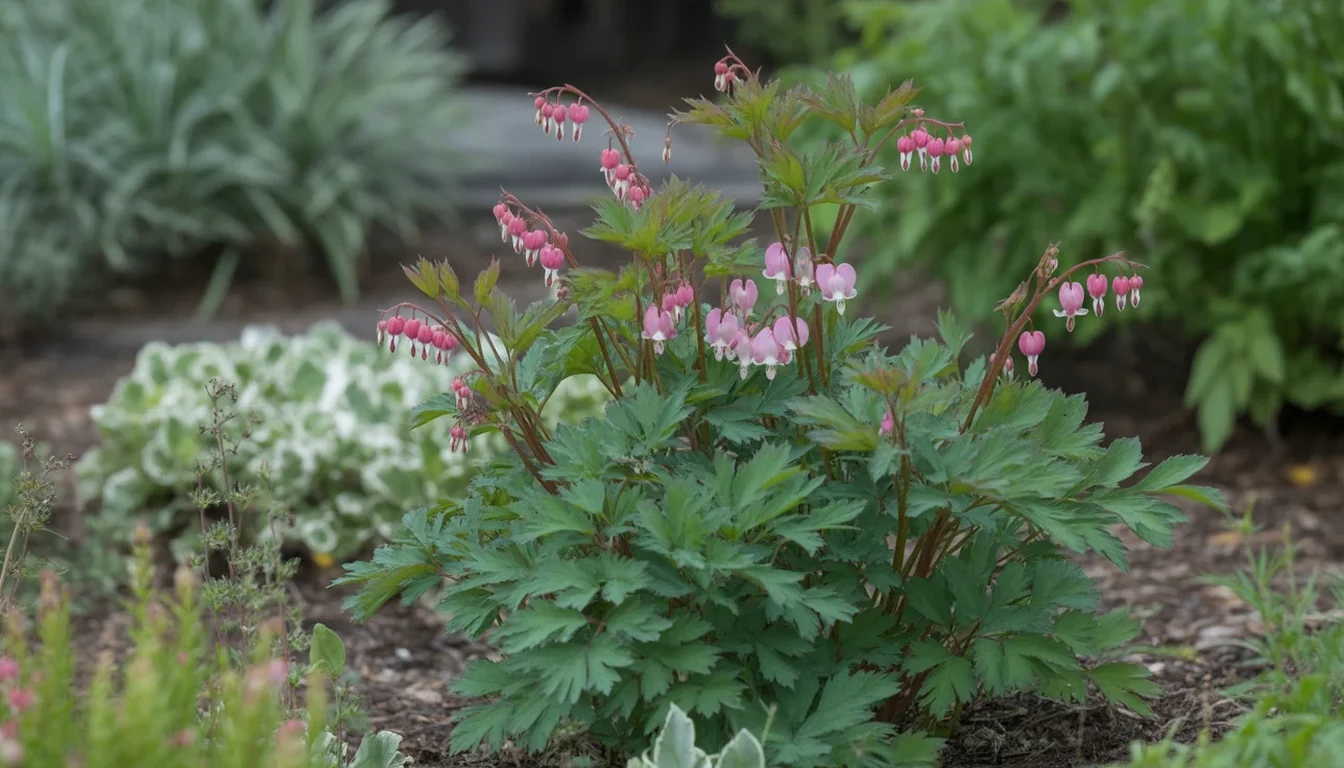 A bleeding heart in full spring bloom with arching stems carrying rows of pendant pink and white heart-shaped flowers above divided blue-green foliage