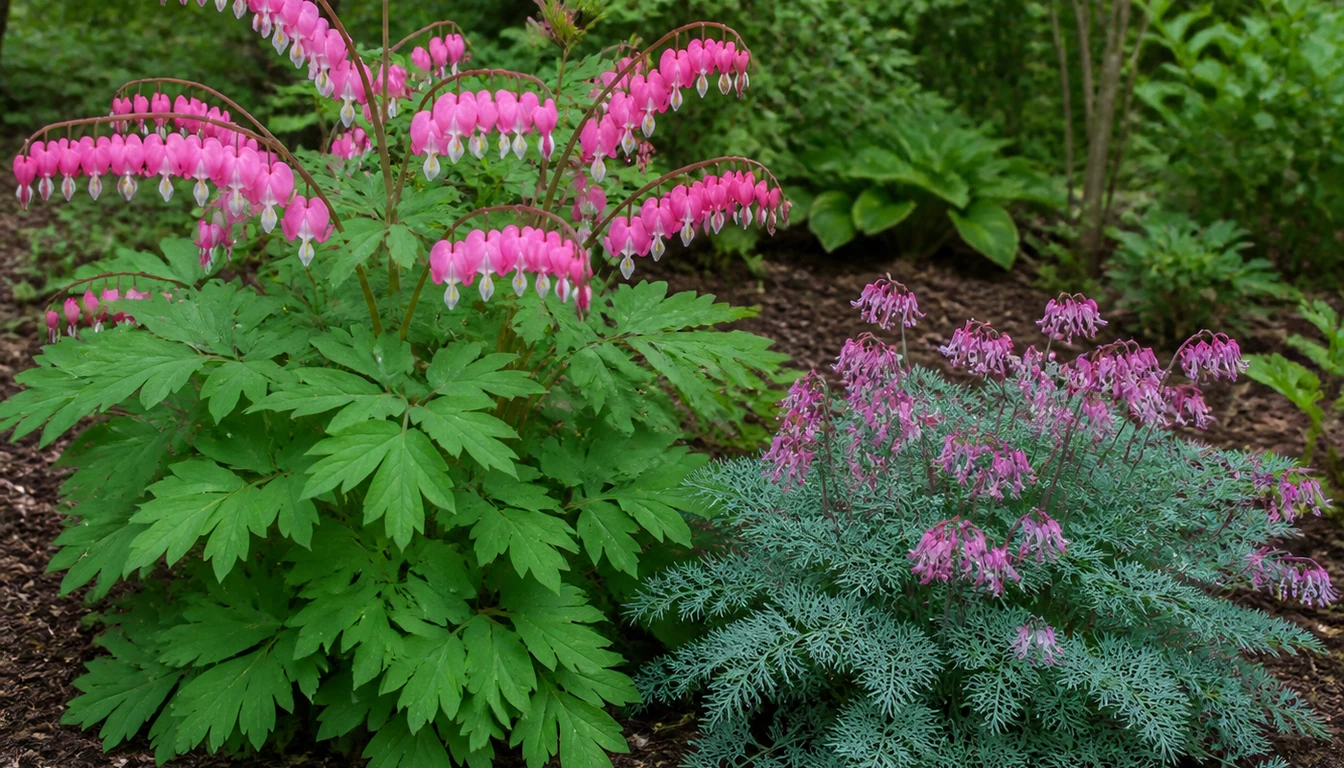A common bleeding heart with broad divided leaves and long arching flower stems beside a native fringed bleeding heart with much finer blue-gray ferny foliage and shorter clustered flowers