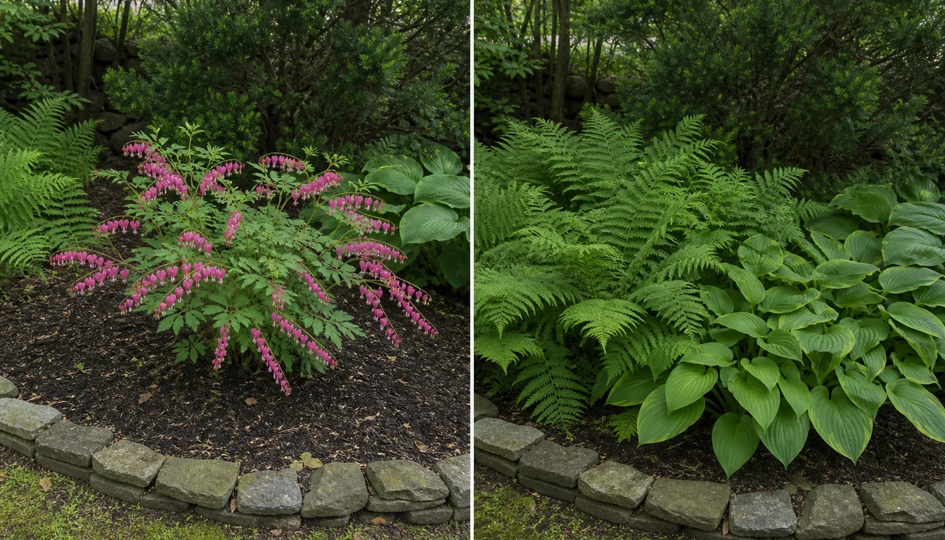 One shade bed from a fixed viewpoint in two seasons, a bleeding heart in full bloom in spring and the same ground in summer with the plant gone and ferns and hosta closed over the space