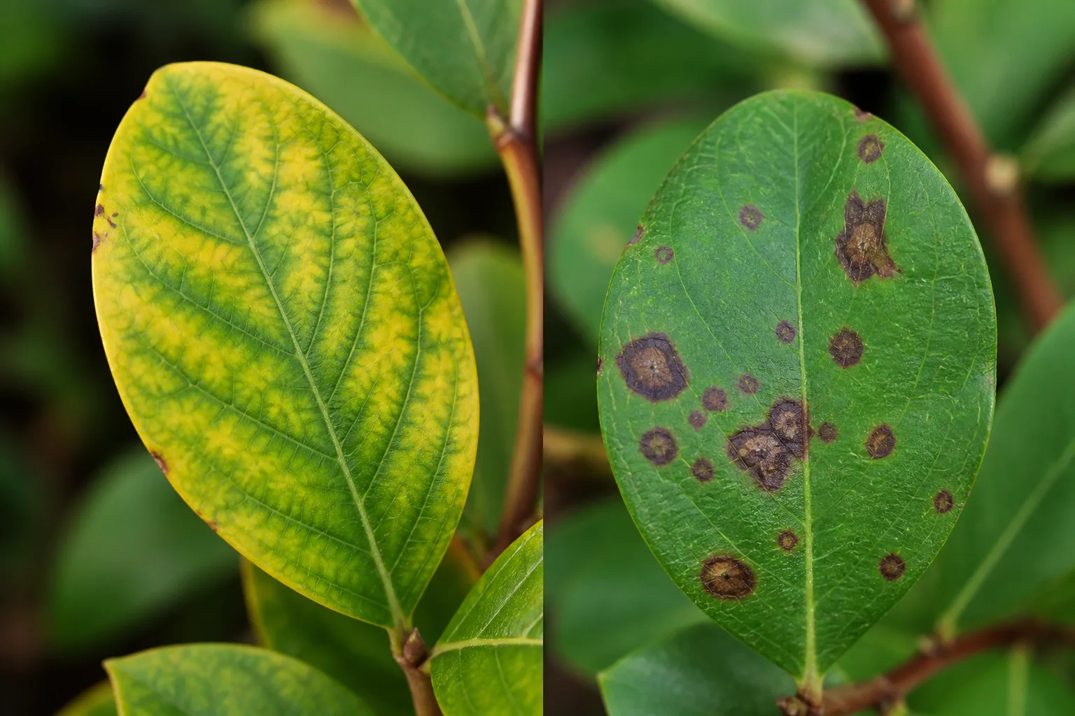 Side-by-side comparison of a blueberry leaf with yellow chlorosis between green veins beside a blueberry leaf with brown fungal leaf spot lesions
