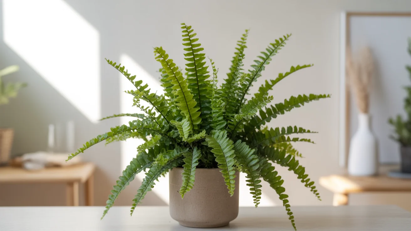 Potted Boston fern with arching green fronds on an indoor tabletop.