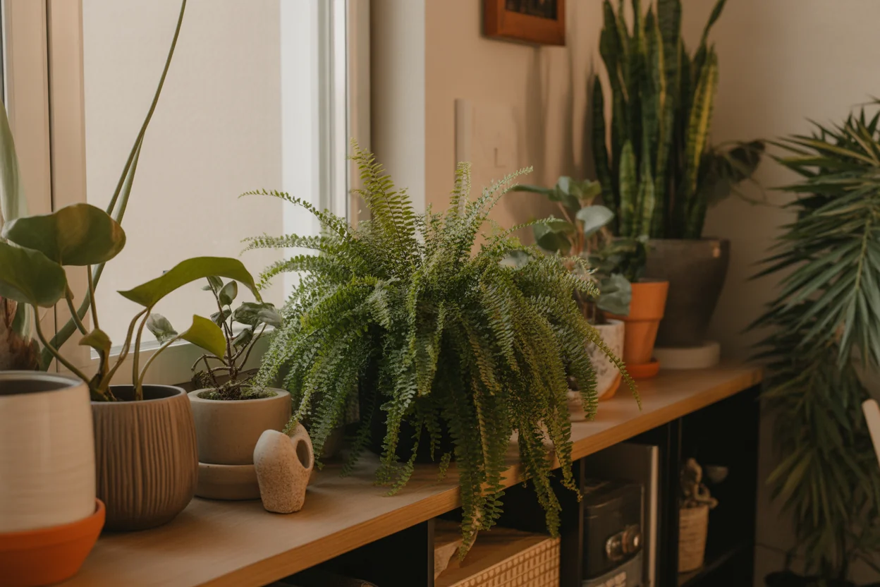 A dense fern with finely divided fronds on a shelf beside a window and other houseplants.