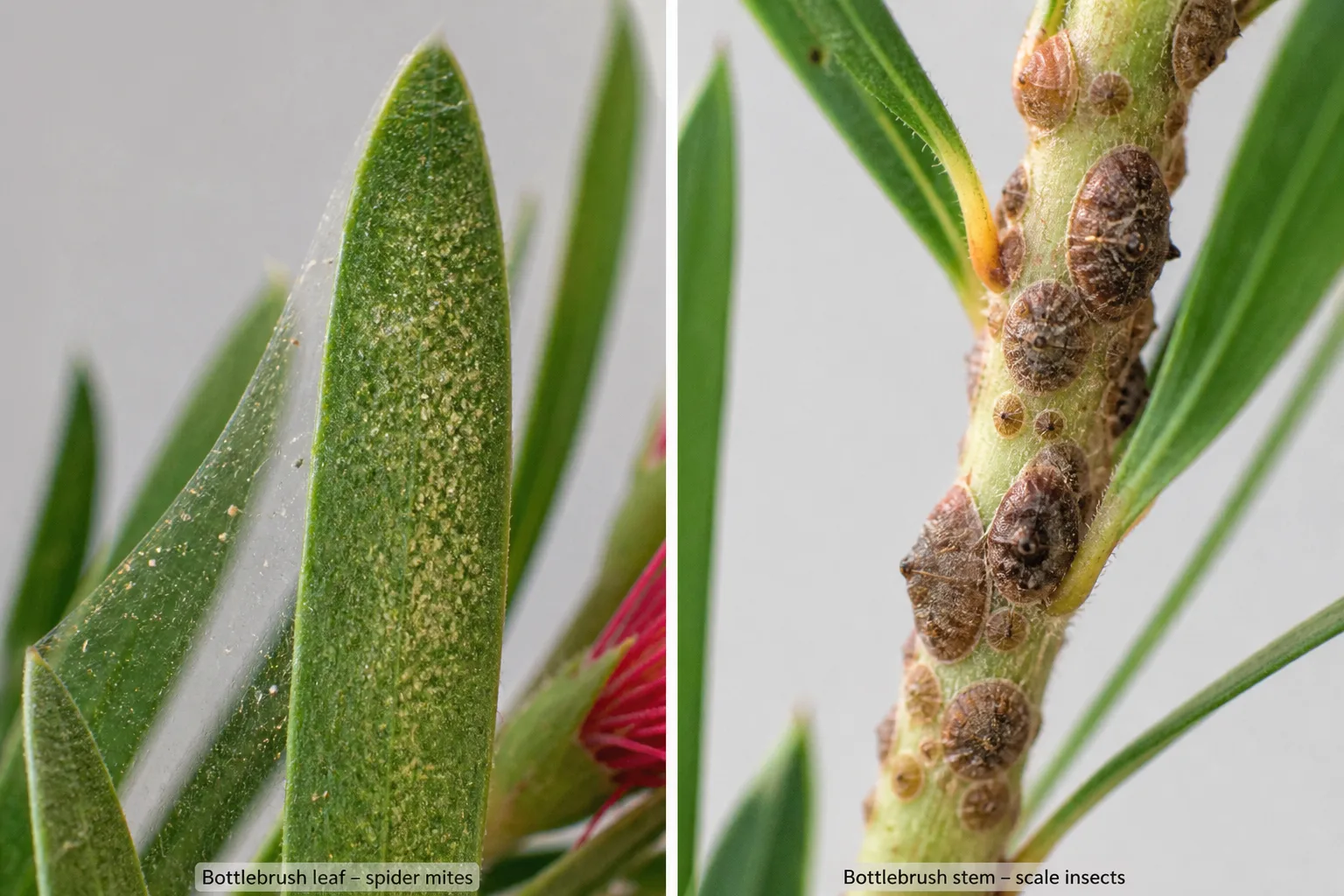 Close comparison of fine pale spider mite stippling and webbing on a bottlebrush leaf beside small hard scale bumps fused to a bottlebrush stem