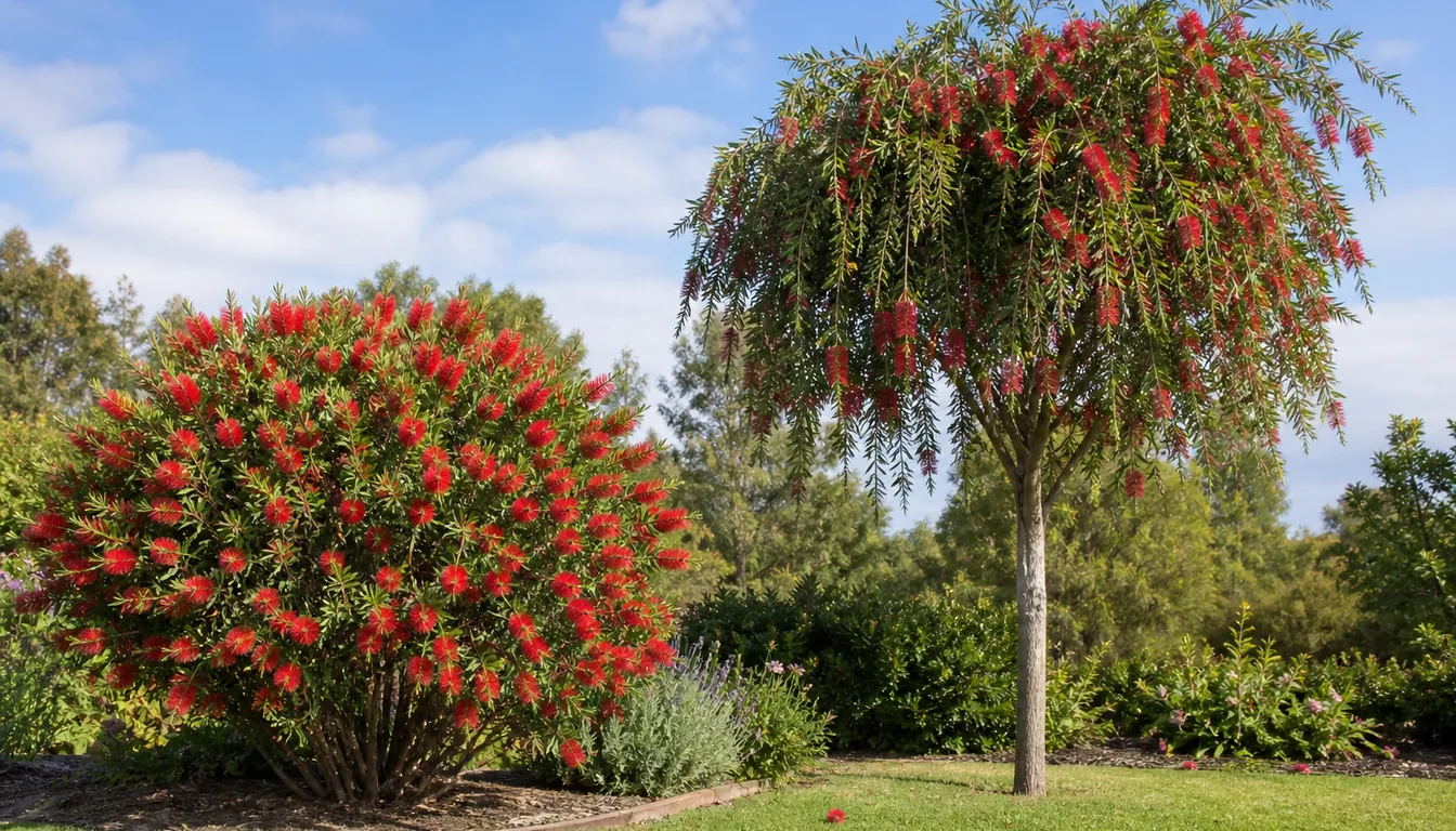 Two bottlebrushes in bloom in one garden, a rounded multi-stemmed shrub about five feet tall on the left and a standard-trained small tree with a clear trunk and weeping canopy on the right