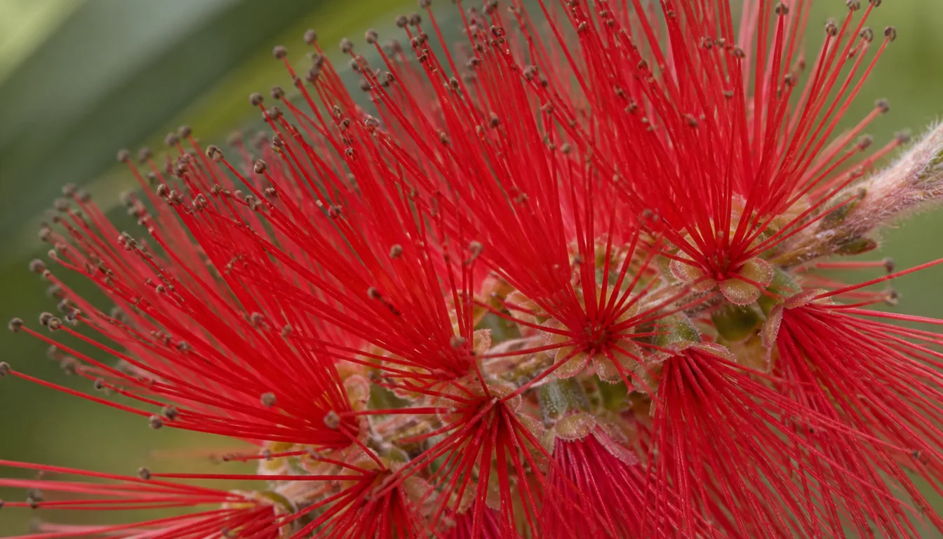 Close view of a red bottlebrush spike showing each true flower as a small green cup on the woody stem, with long red filaments tipped by dark anthers radiating out from every one