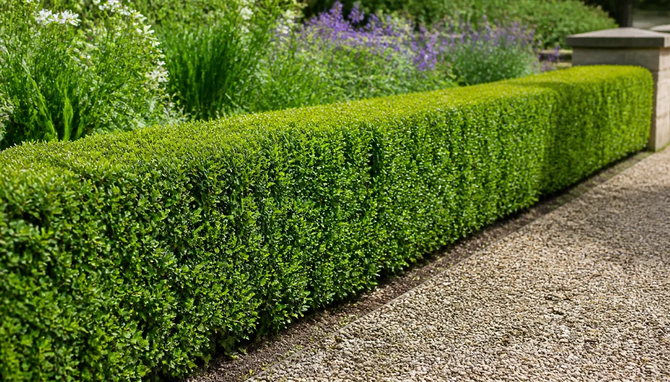 Clipped boxwood hedge with small evergreen leaves forming a formal garden edge