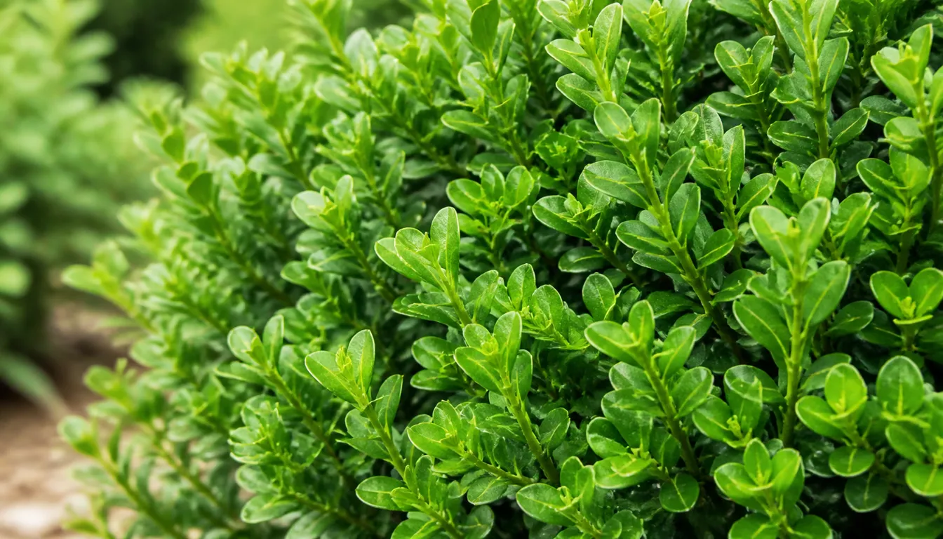 Close view of dense boxwood foliage showing small rounded leaves and tight branching