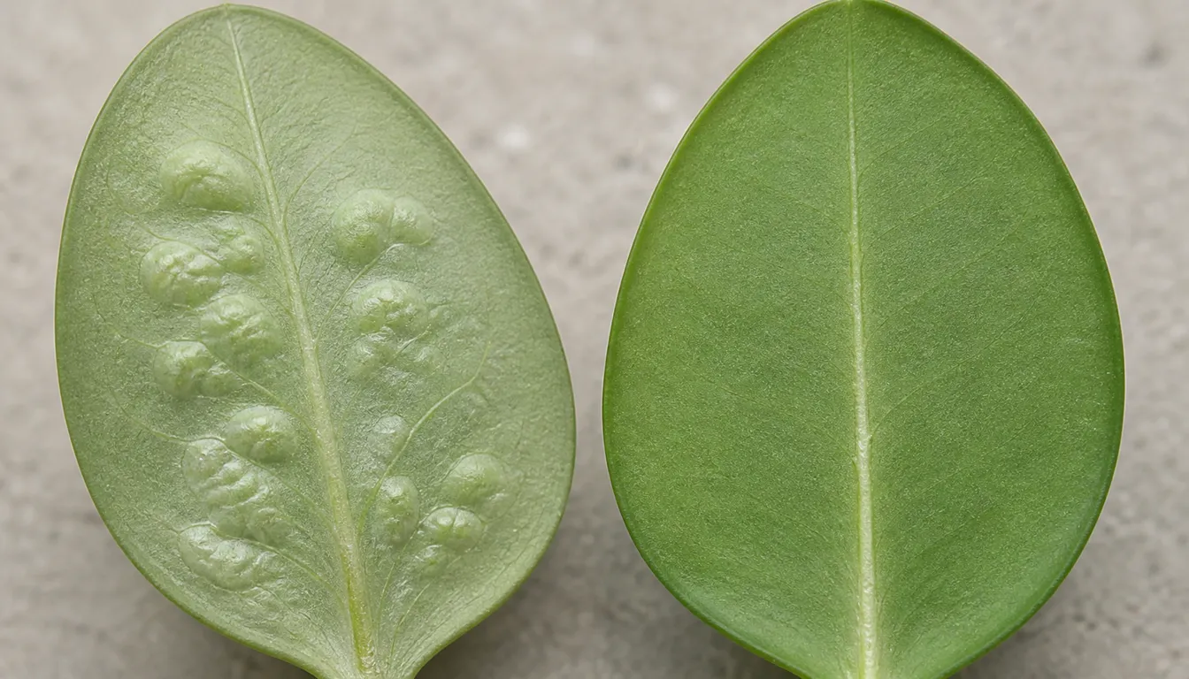 Close comparison of a boxwood leaf with puffy leafminer blistering on its underside beside a healthy unblistered boxwood leaf.