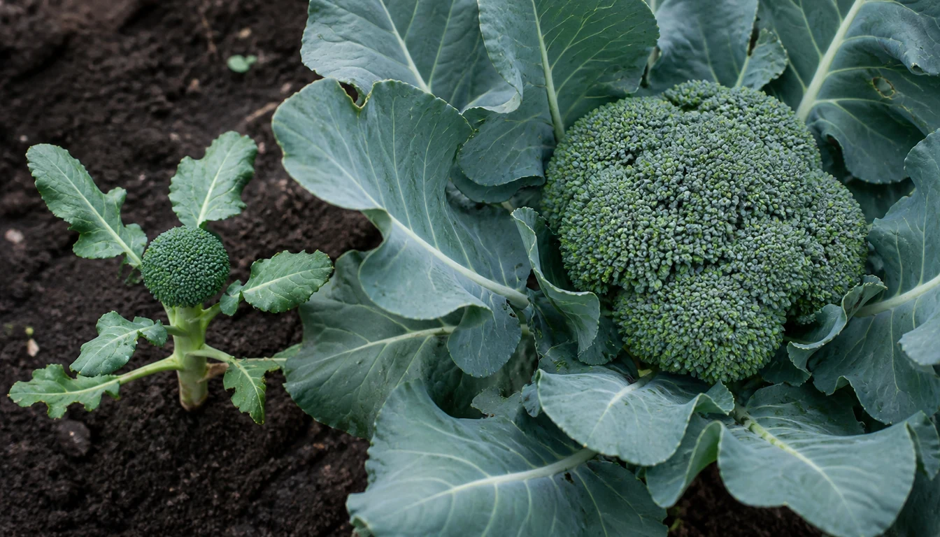 Two broccoli plants side by side, a stunted one carrying a useless head the size of a golf ball on a short stem with few leaves, and a healthy plant of the same age with a broad developing head among large blue-green leaves