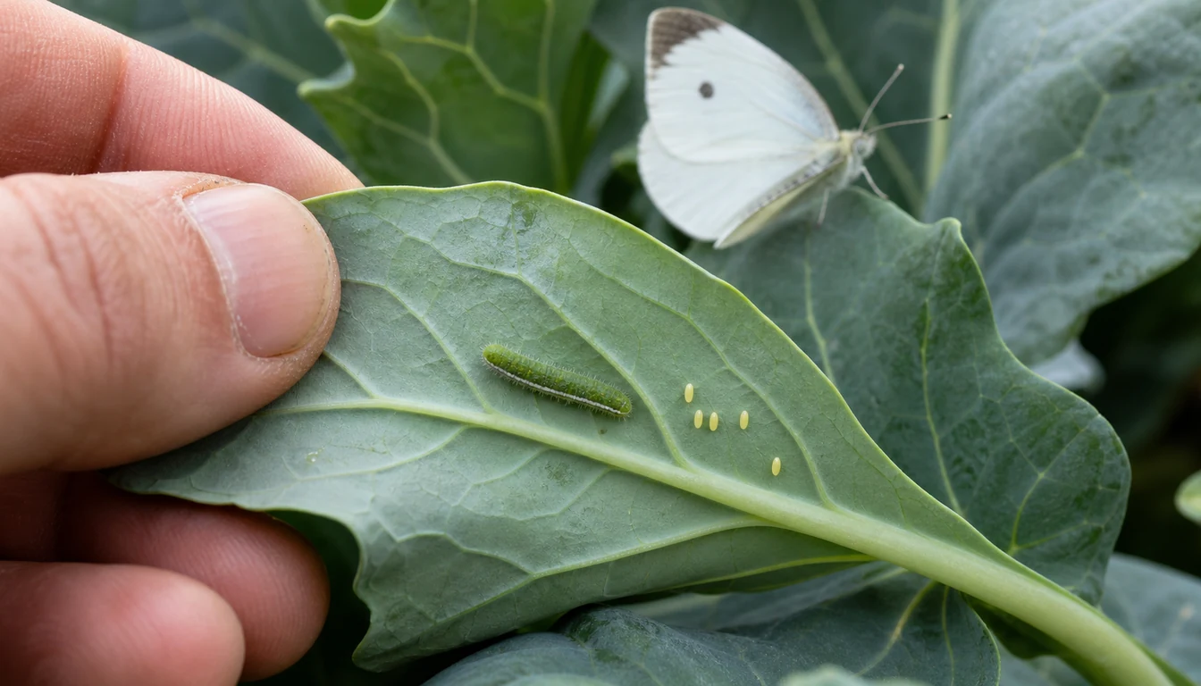 A hand turning a broccoli leaf over to show pale yellow bullet-shaped eggs standing on end beside a small velvety green caterpillar, with a white cabbage butterfly on foliage behind