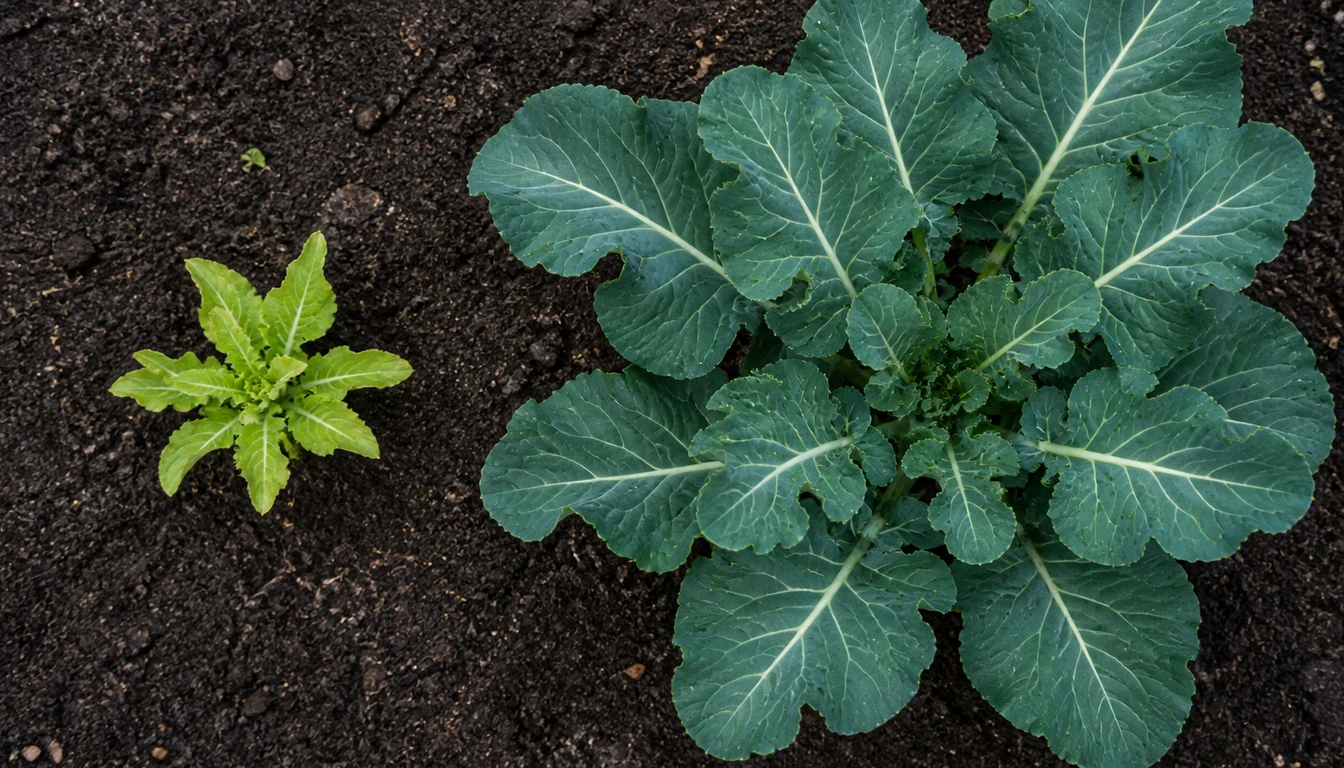 Two broccoli plants photographed from directly above, a weak one with a small rosette of narrow pale leaves and a strong one of the same age with a wide spreading rosette of broad deep blue-green leaves