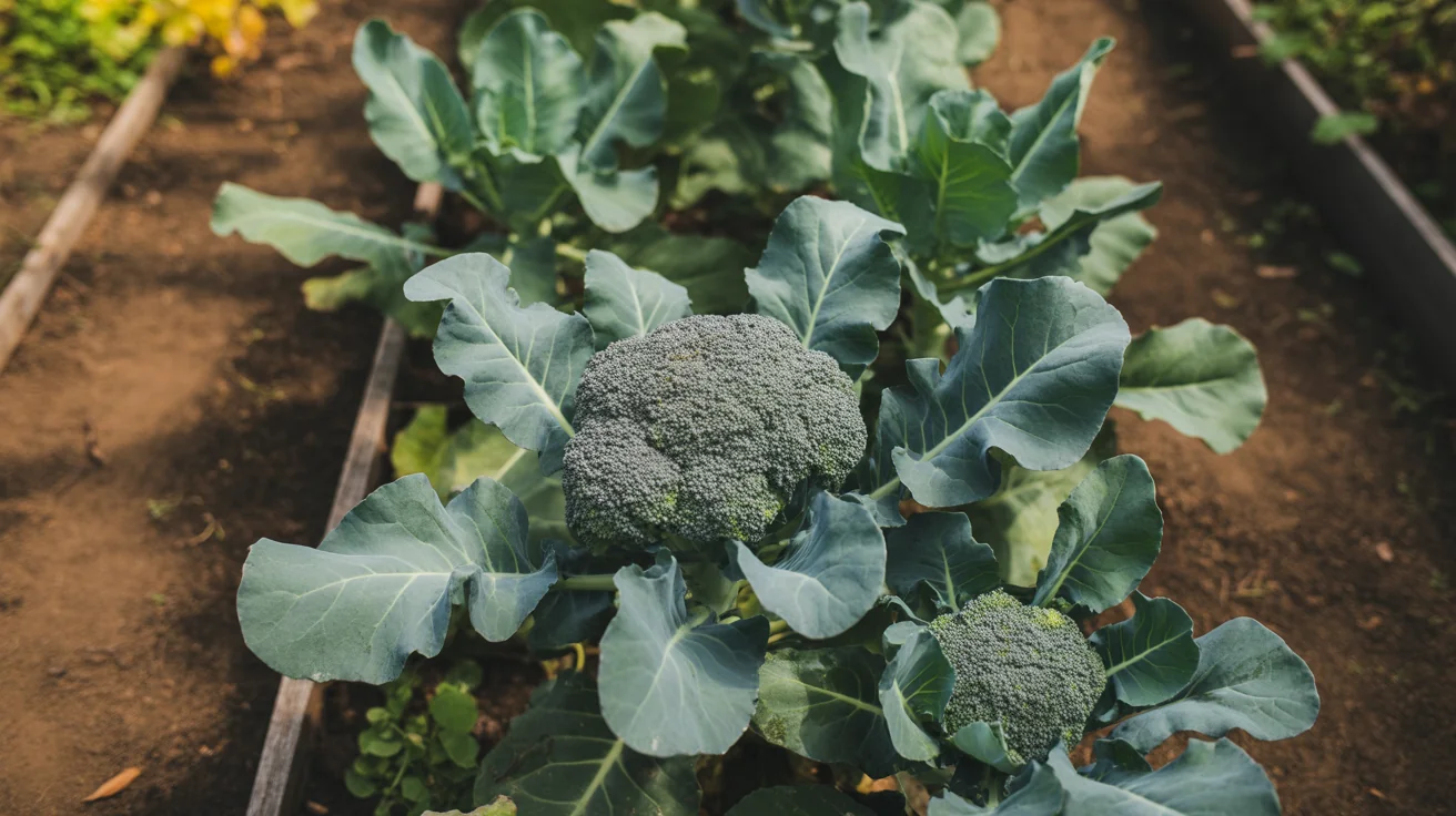Broccoli plant in a garden bed with one tight dark blue-green central head seated among broad waxy leaves