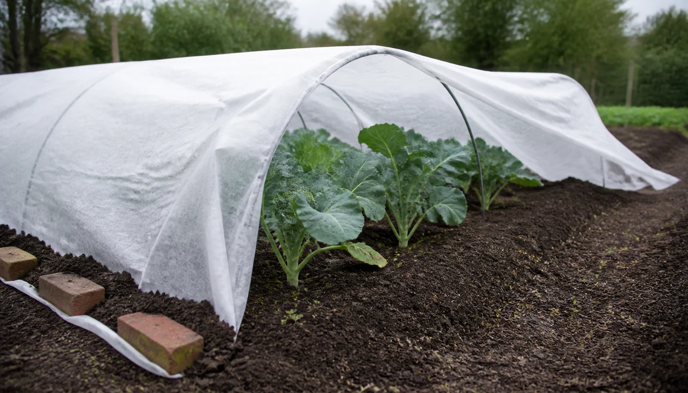 Floating row cover over hoops above young broccoli, the near edge weighted flat to the soil with bricks and a soil line while a further edge has lifted open leaving a gap