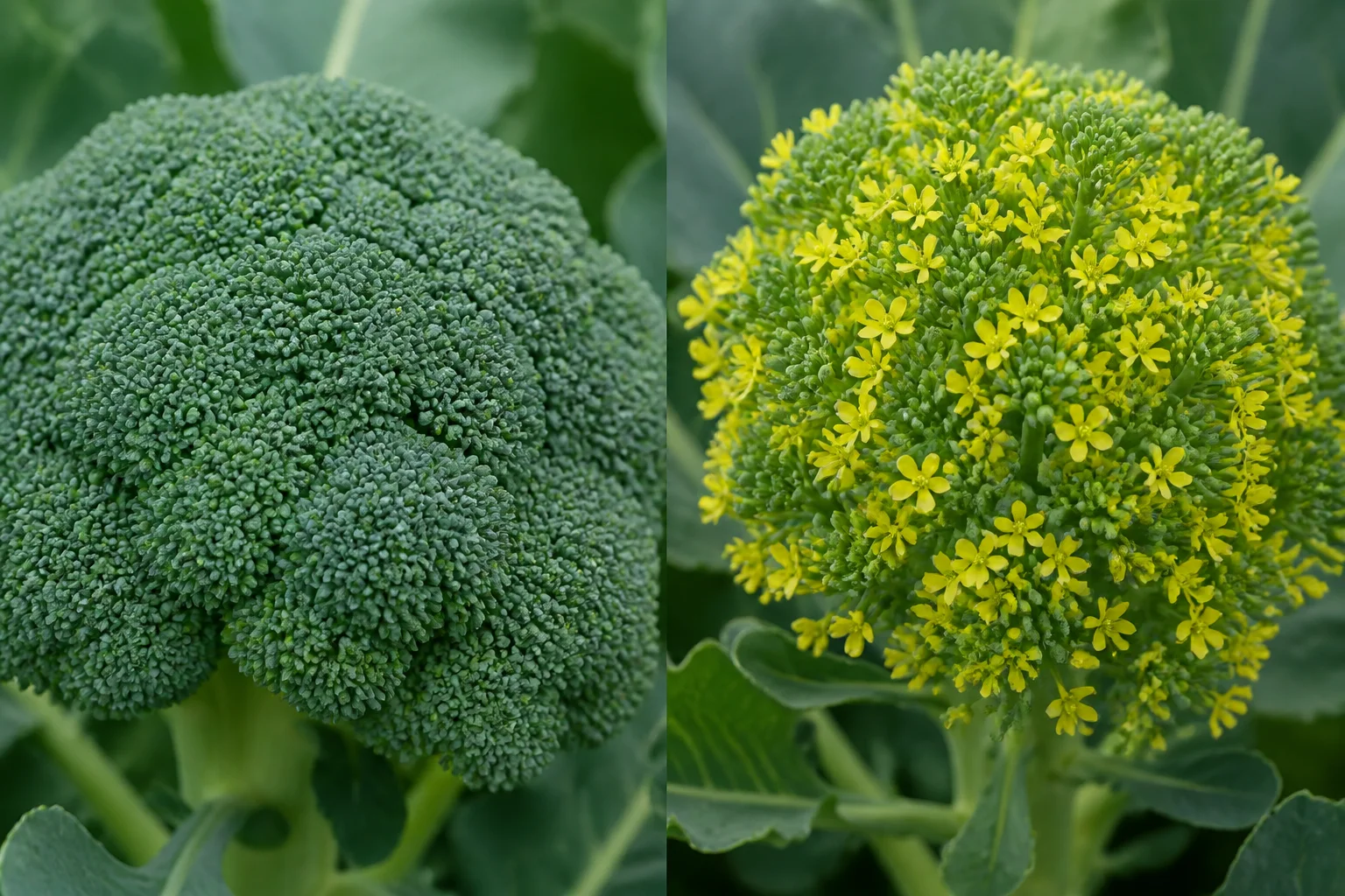 Side-by-side broccoli head comparison showing a tight harvest-ready head and a bolted head with yellow flowers opening