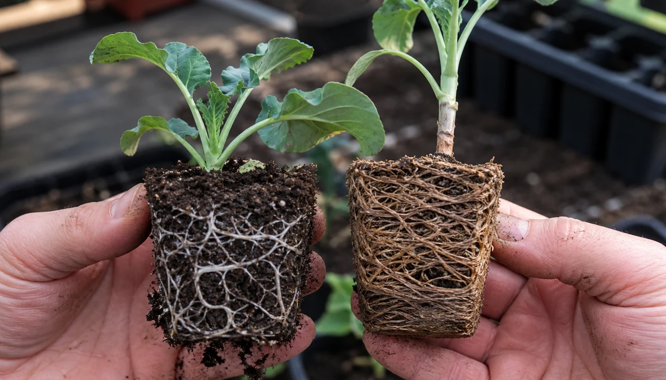 Two broccoli seedling plugs held side by side, the left with loose white roots through crumbly dark mix under a stocky seedling, the right a hard tan root-bound block under a leggy woody-stemmed seedling