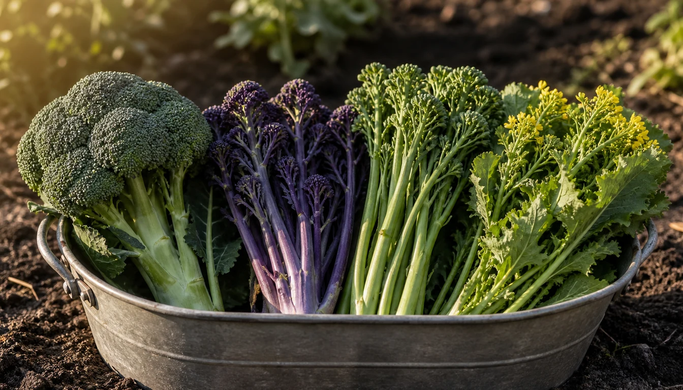Four broccoli types standing side by side in a galvanized harvest trug on dark soil, a single domed calabrese head, purple sprouting spears, thin-stemmed broccolini, and leafy rapini with small yellow flowers
