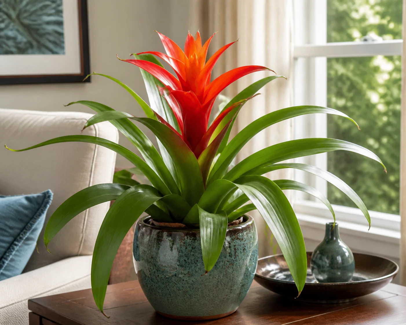 Colorful bromeliad rosette with a bright bract growing in a bright indoor room
