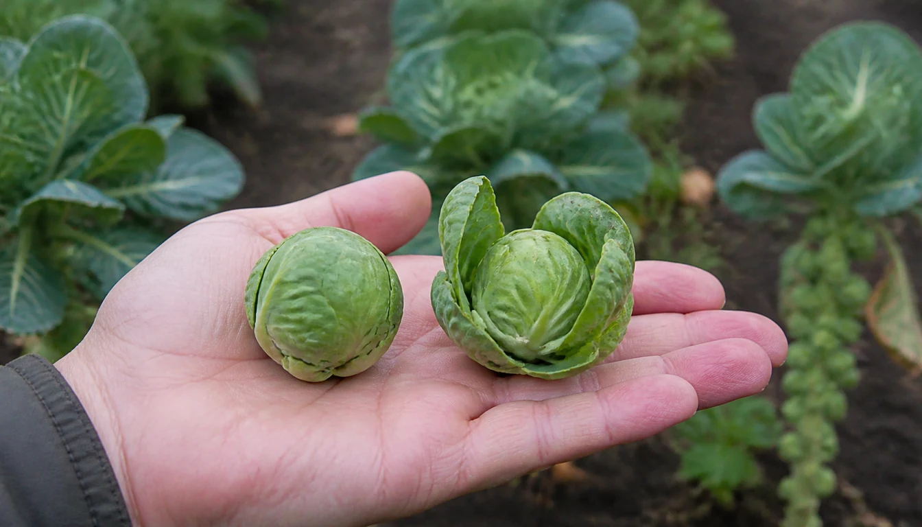 Two picked Brussels sprouts of similar size on an open palm, the left dense and tightly wrapped, the right with its outer leaves flaring open and separating