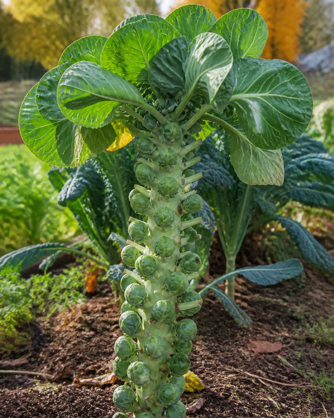 Tall Brussels sprouts stalk with firm green sprouts spaced along the stem in a fall garden bed