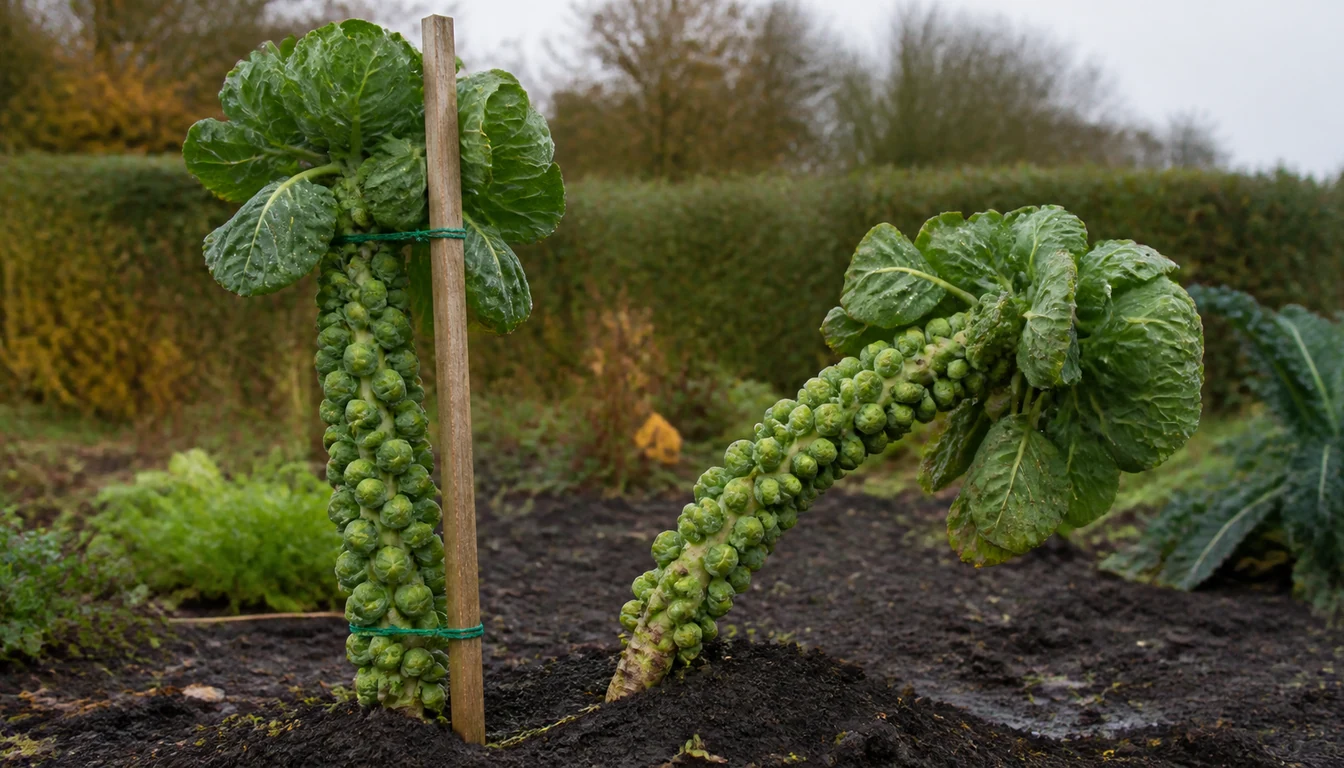 One Brussels sprouts stalk tied upright to a wooden stake with green twine beside a second unstaked plant of the same size leaning steeply over under the weight of its sprouts