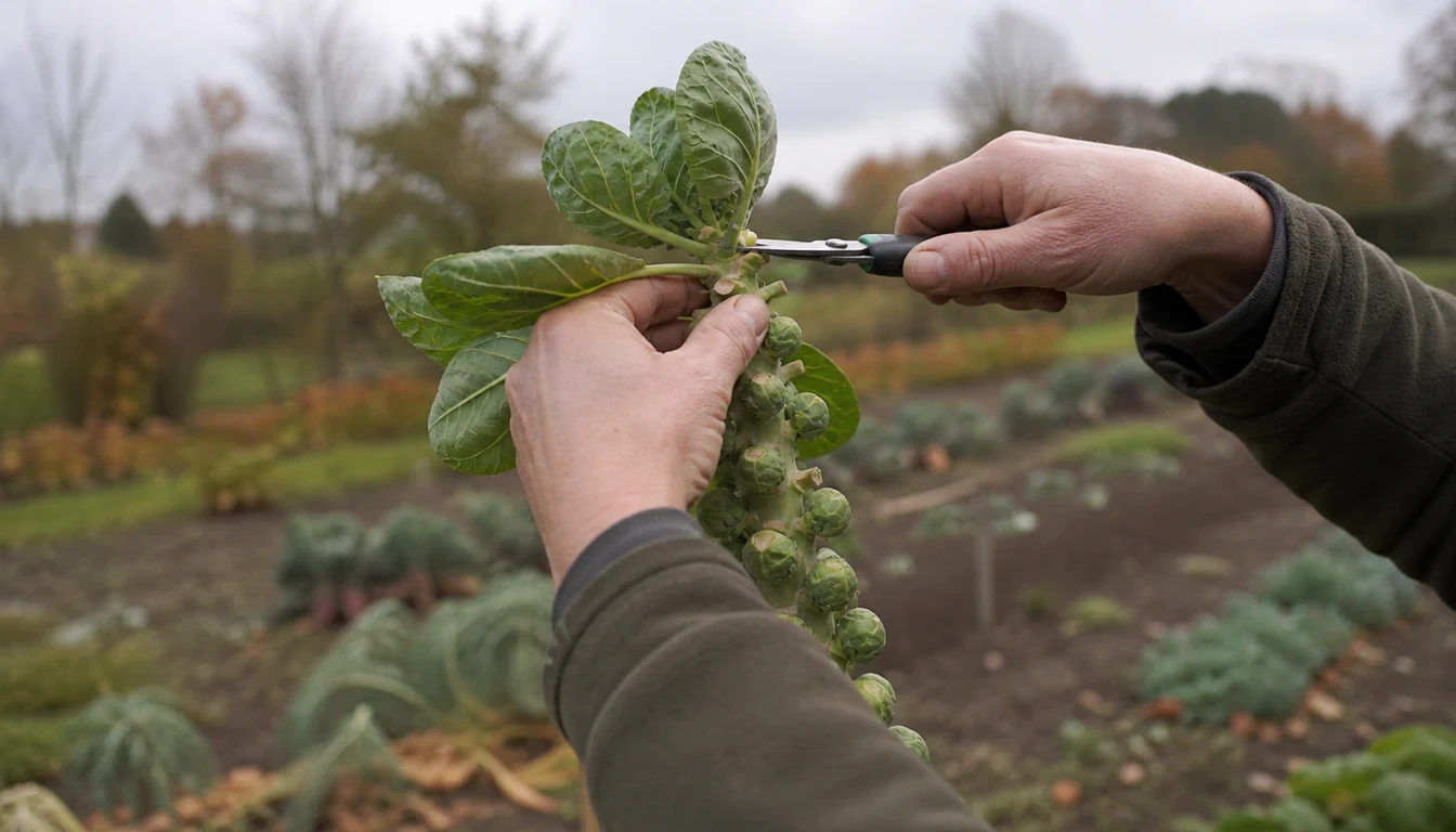 Hands using small snips to nip out the soft leafy growing tip at the top of a Brussels sprouts stalk whose lower leaf axils already carry firm sprouts