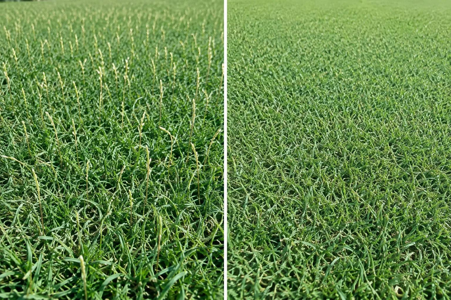 Two panels of buffalo grass, the left grown from seed with pale flag-like seedheads on thin stalks above the turf, the right female-only sod with a smooth even surface