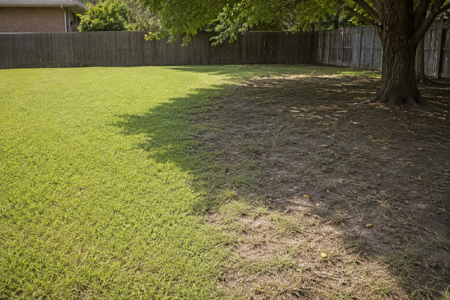 A home lawn photographed across the shadow line of a mature tree, dense even turf in the open sun on the left thinning to sparse growth and bare soil under the canopy on the right