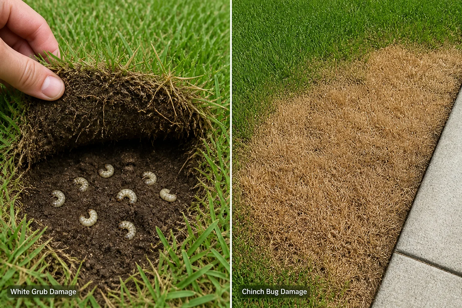 Side-by-side comparison of a lifted turf section showing white grubs in the soil beside a dry sunburned brown patch of chinch bug damage near a sidewalk edge