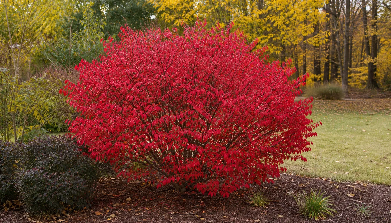 Mature burning bush shrub with vivid red fall foliage in an open autumn garden bed