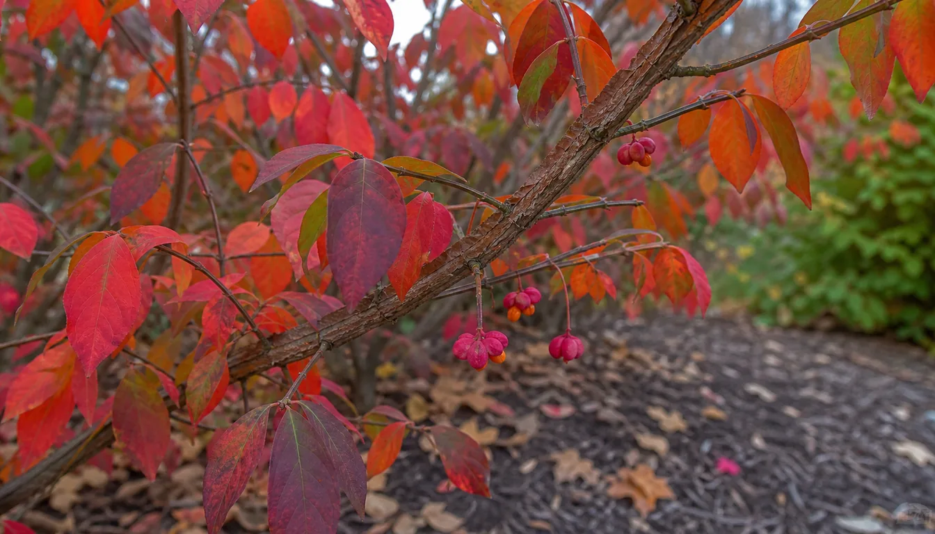 Close view of burning bush winged stems with red fall leaves and small fruit capsules
