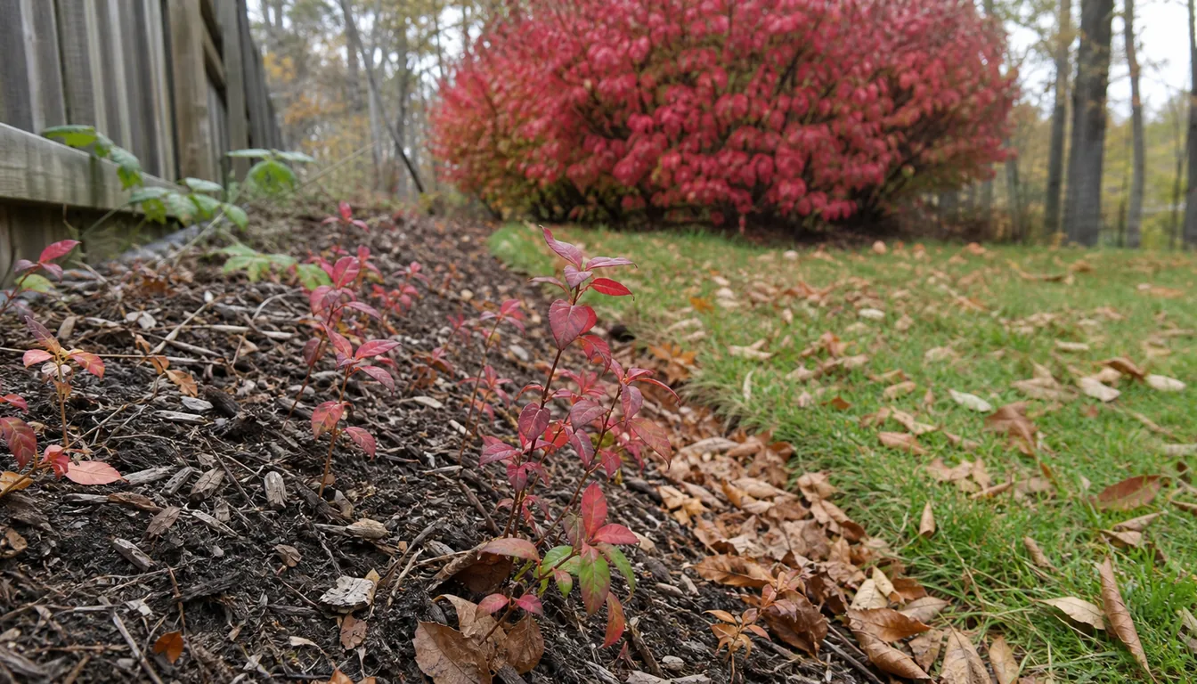 Small burning bush seedlings growing in mulch near a fence line below a mature red shrub