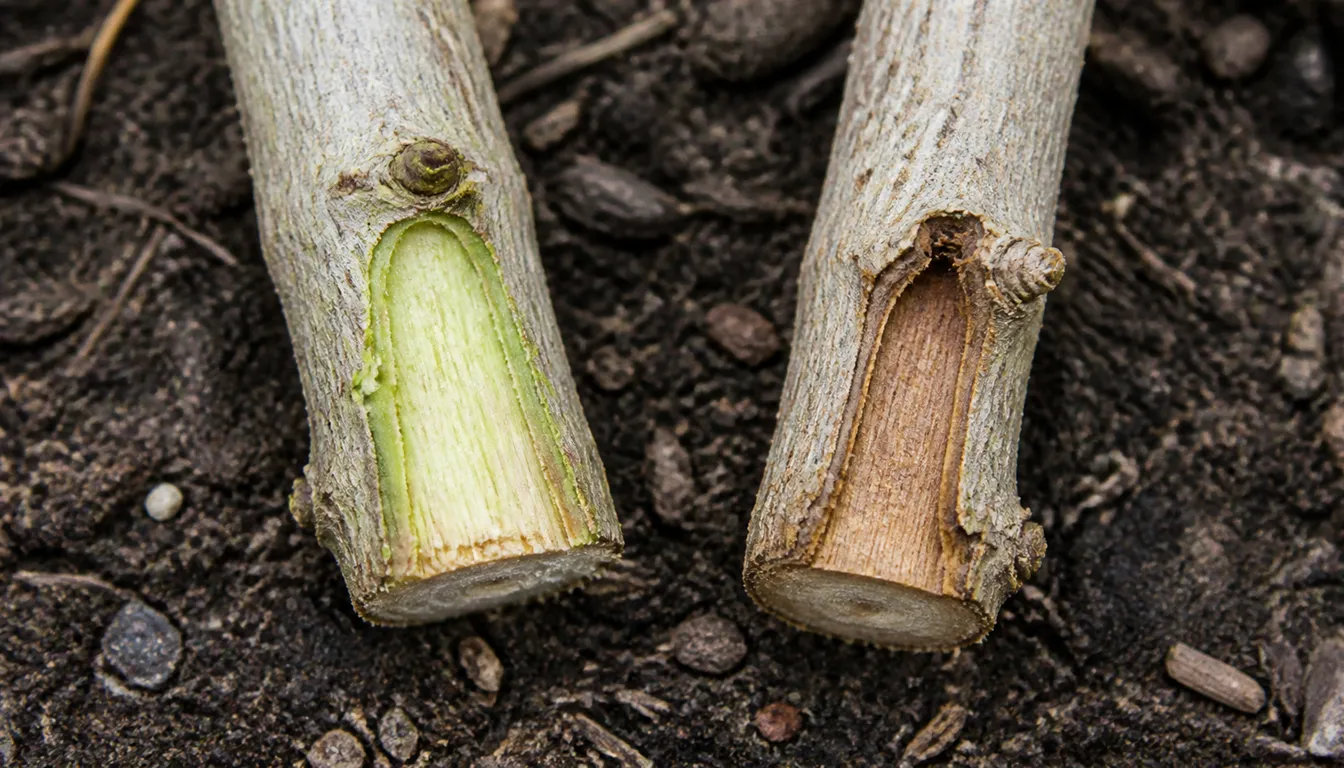 Close comparison of a live green butterfly bush stem and a dead brown stem after scratching the bark to check for winter dieback.