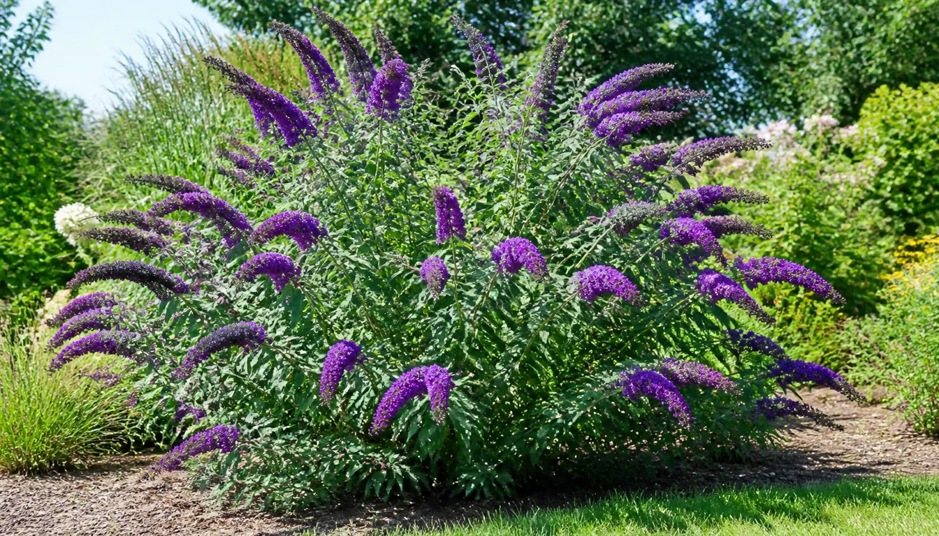 Butterfly bush with purple flower panicles and narrow leaves in full sun