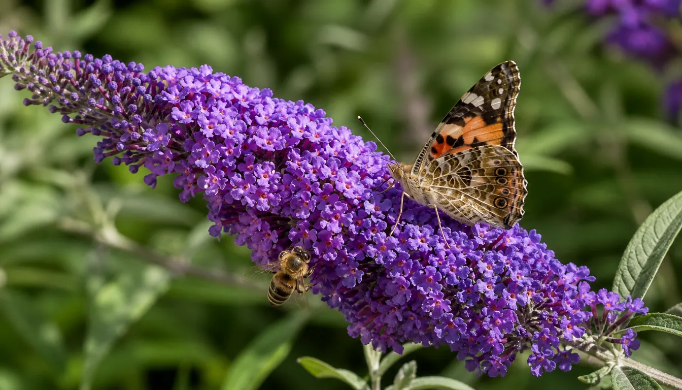 Butterfly bush flower spike with a butterfly and a honeybee both feeding on the nectar