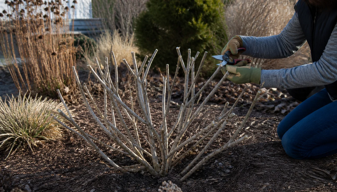 Mature butterfly bush cut to a balanced knee-high framework while a gardener makes the final clean late-winter cut