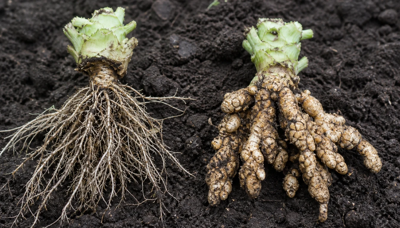Two pulled cabbage plants on dark soil with roots to camera, the left with a normal slim fibrous root system and the right with roots swollen into knobbly club-shaped galls and almost no fine feeder roots