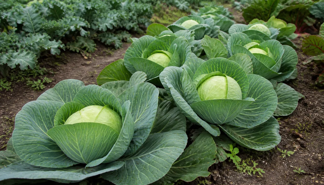 Dense green cabbage heads growing low in a cool-season garden bed