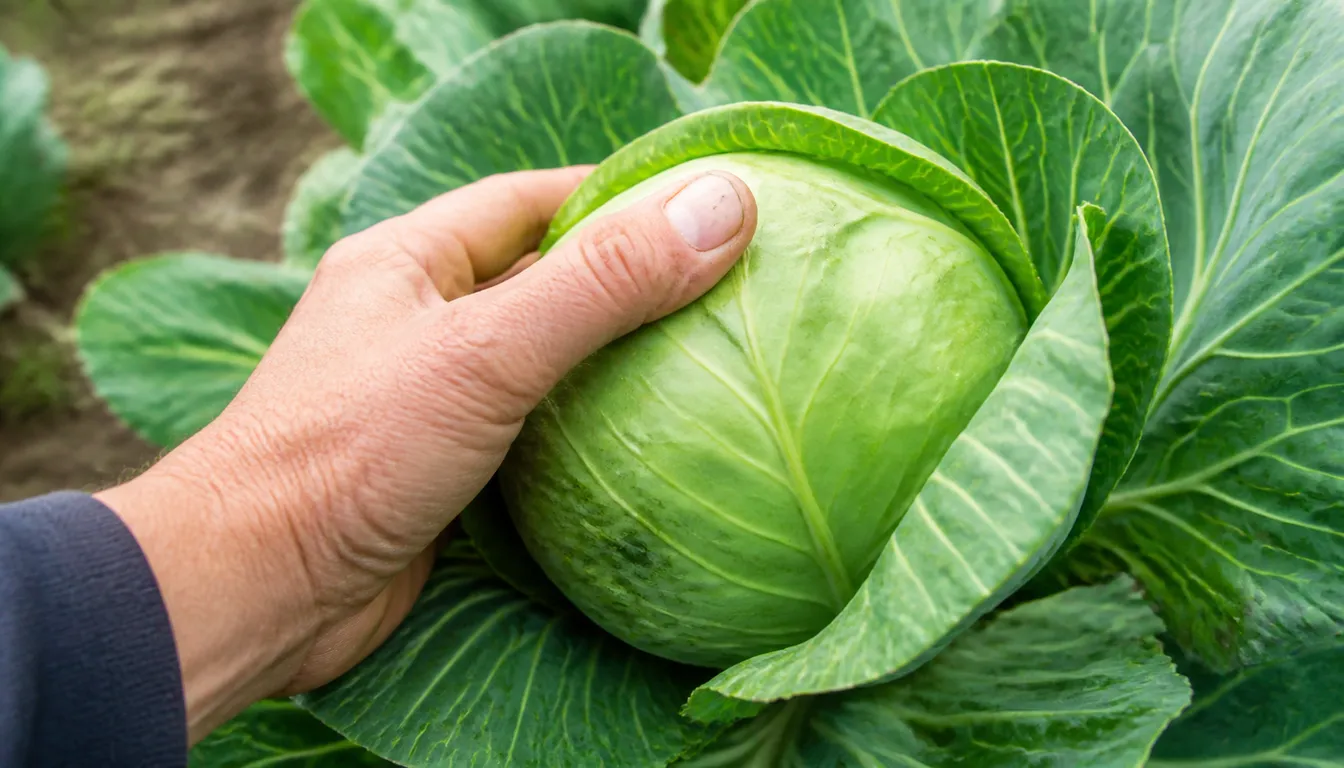 Hand holding a firm cabbage head with wrapper leaves still healthy around it