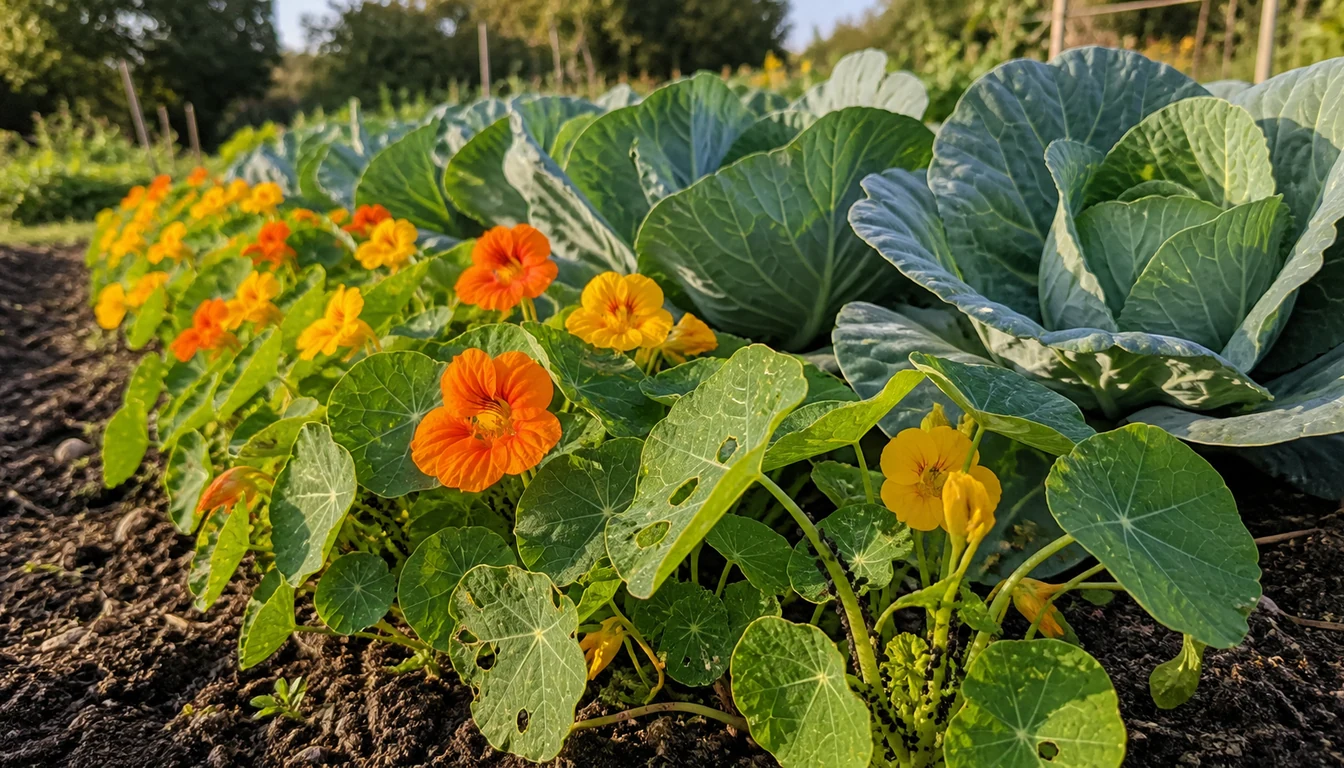 A nasturtium border with round leaves and orange flowers along a bed edge beside a cabbage row, the nasturtium leaves chewed and carrying aphids while the cabbage leaves behind stay clean