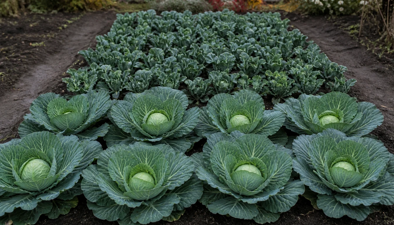 A cabbage bed seen from one end, correctly spaced plants in front with broad blue-green outer leaves spread flat and firm heads forming, and crowded plants behind with small upright leaves and much smaller heads