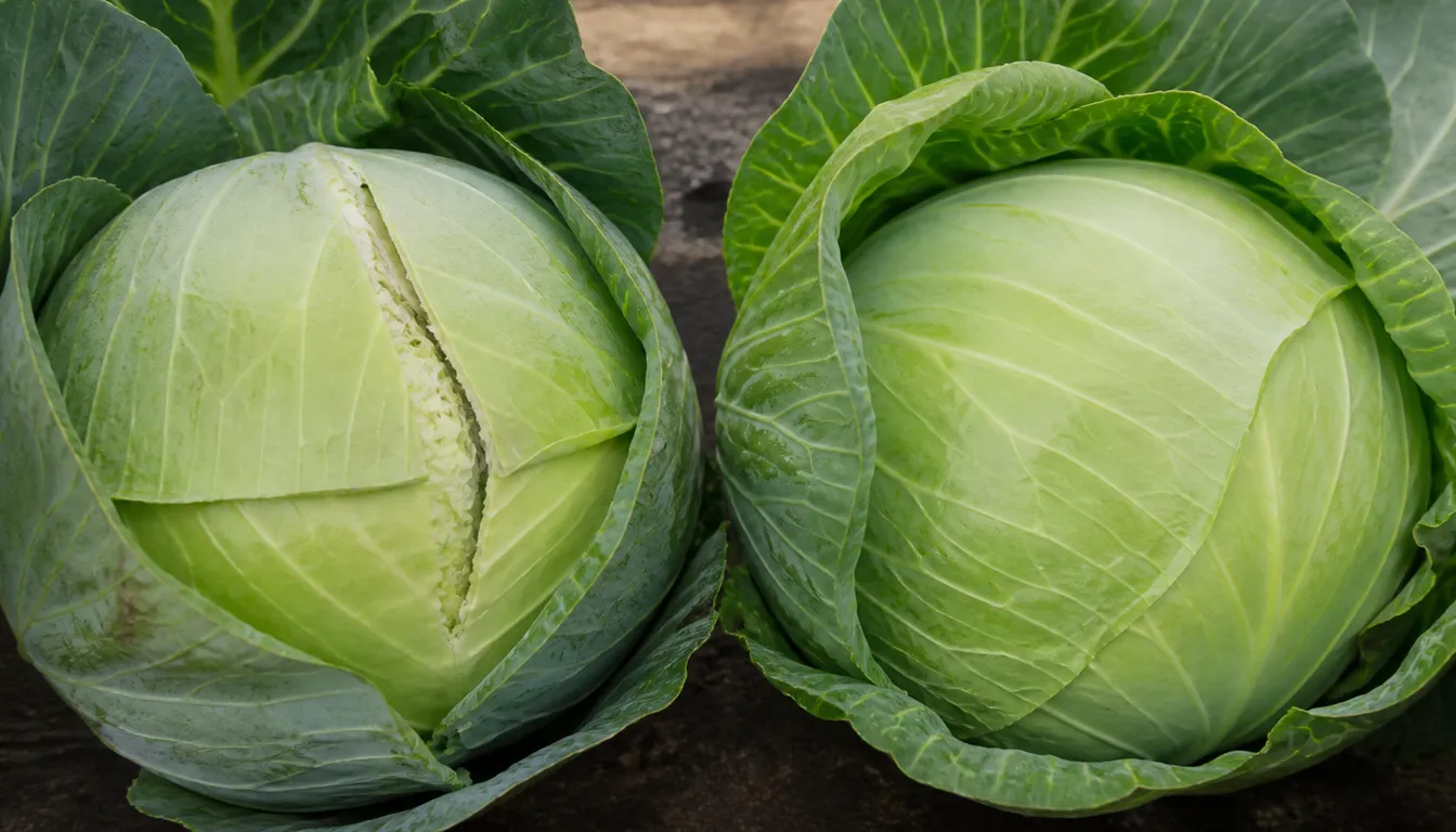 Close comparison of a split cabbage head beside a solid unsplit head, showing the visible crack caused by a moisture swing.