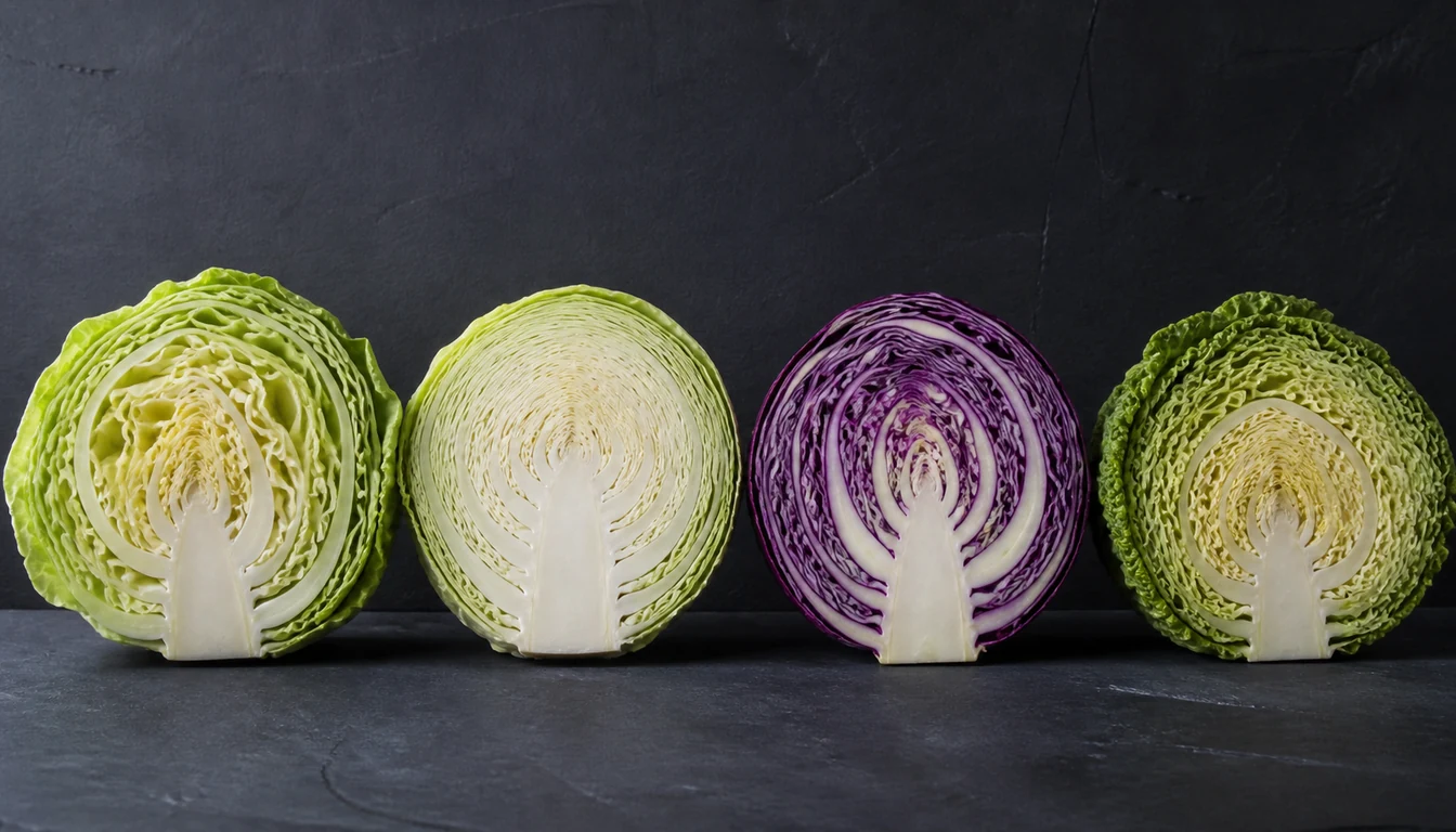 Four cabbage heads halved and stood cut-face forward on dark slate, a looser early green, a dense white-hearted storage type, a red with purple and white layering, and a crinkled savoy