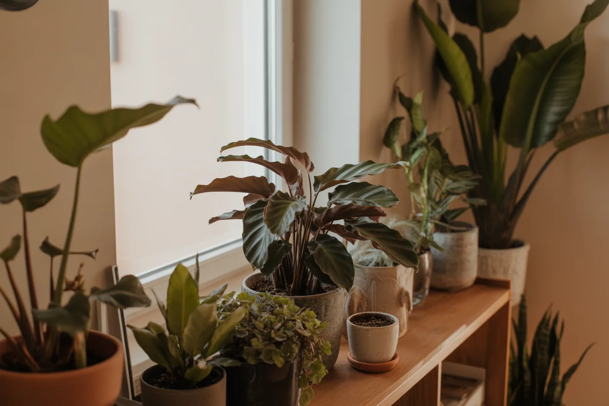 A calathea with upright leaves and reddish undersides among other potted plants beside a window