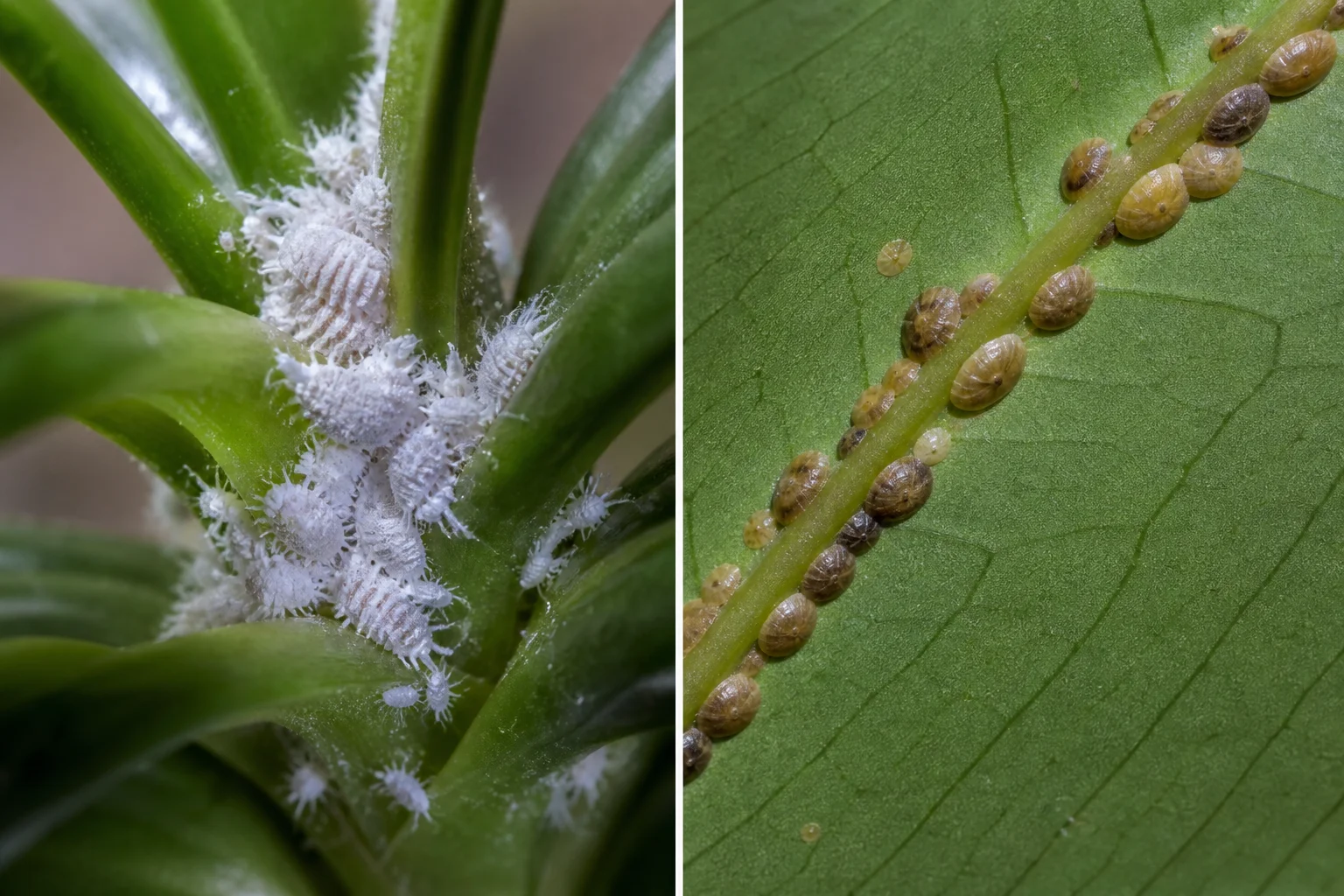 Comparison of white cottony mealybug clumps versus tan scale insect bumps on houseplant leaves
