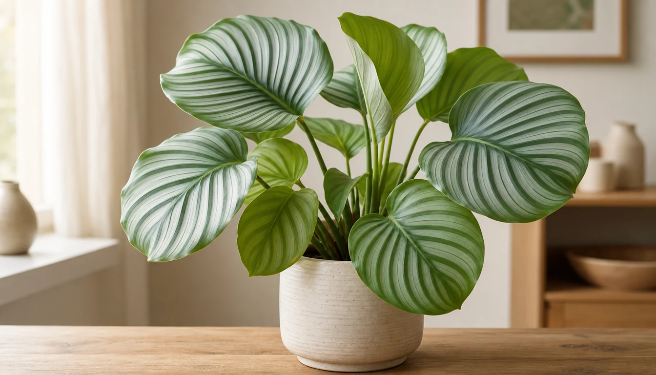 Calathea Orbifolia with broad round silver-striped leaves in filtered indoor light