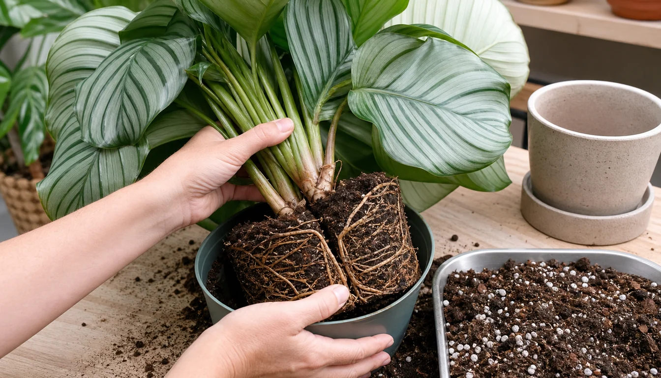 Calathea Orbifolia clump partly lifted from a pot showing roots and two crown bases before division