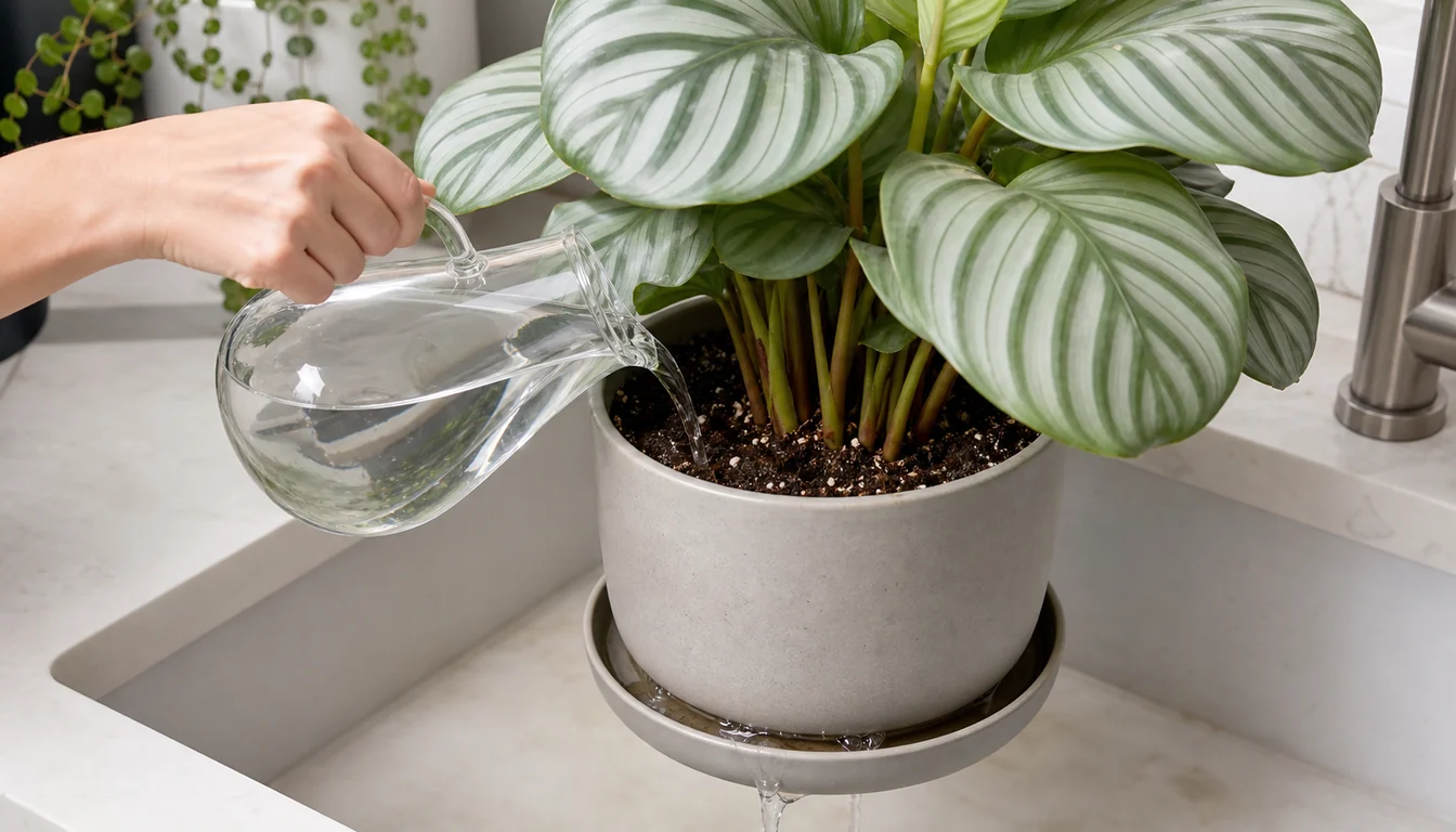 Calathea Orbifolia being watered with filtered water while the pot drains into a saucer